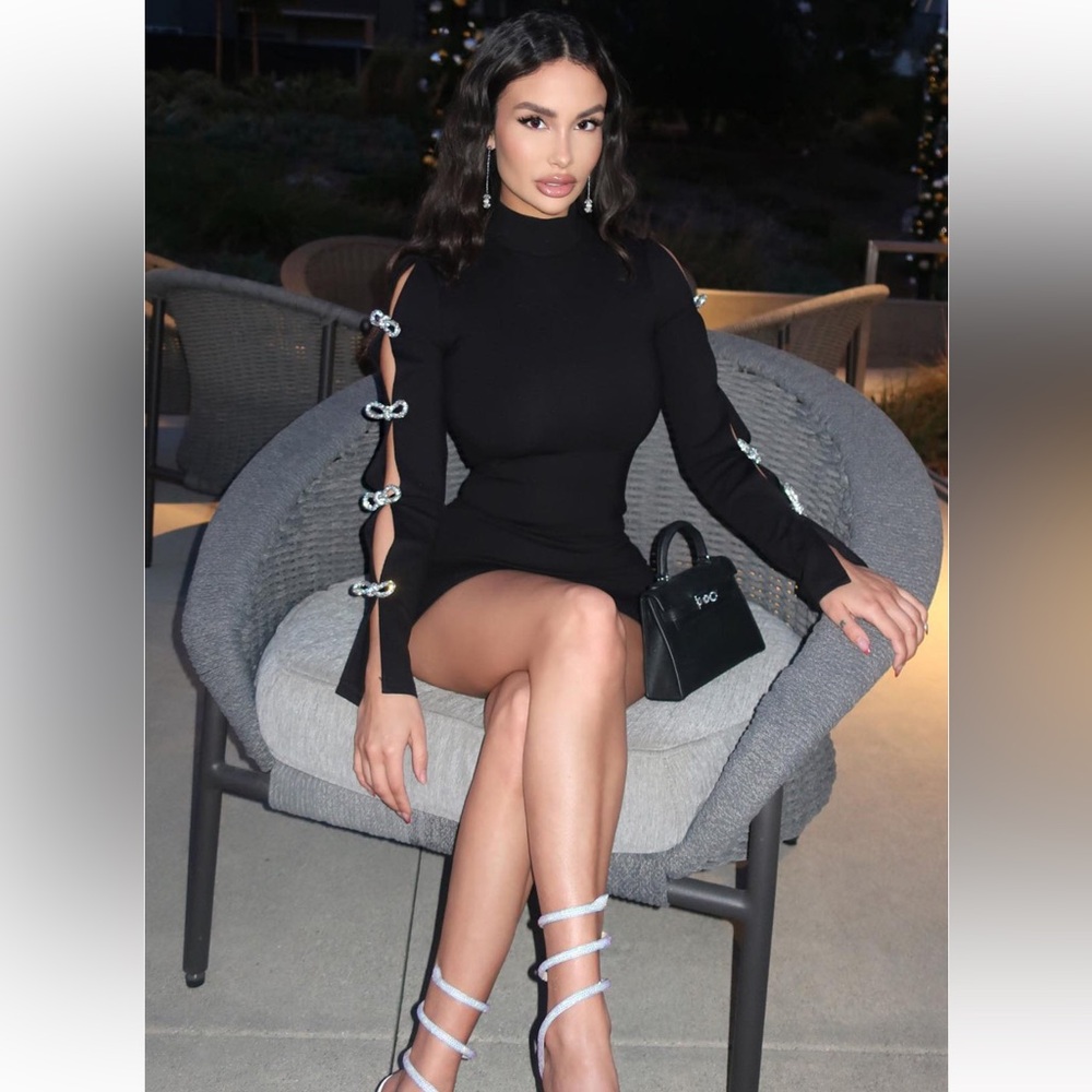 FASHIONNOVA Jessica Bow Embellished Mini Dress - Black